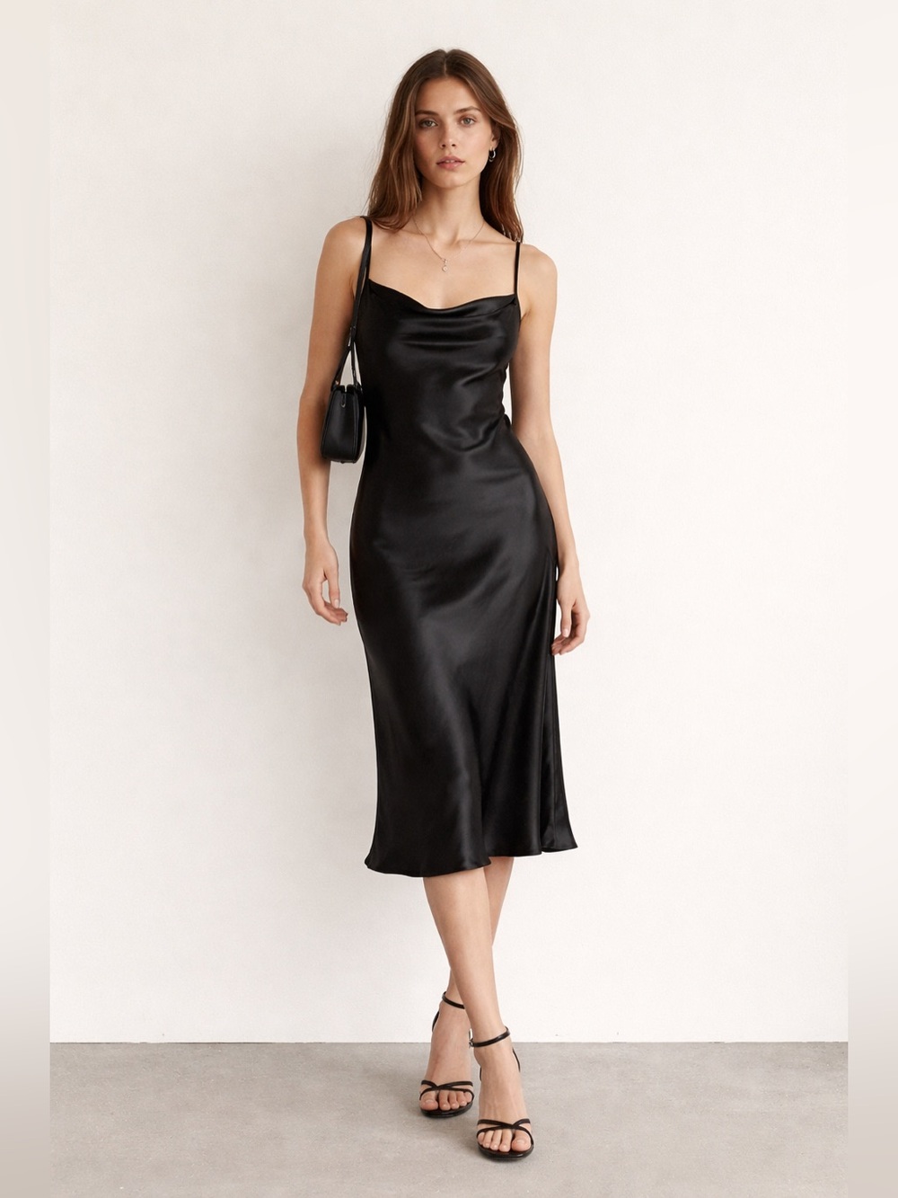 Vintage Bebe Black Midi Slip Dress Cowl Neck 90s Minimalist Cocktail Party